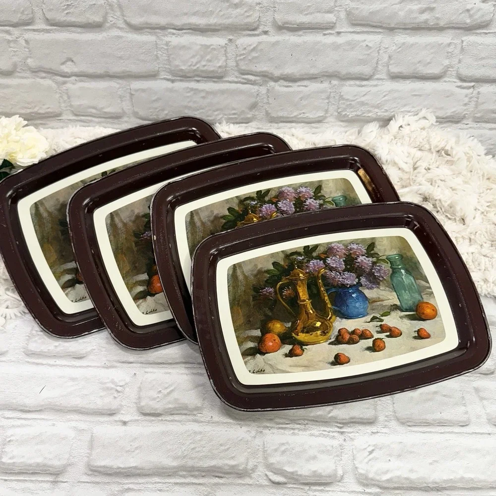 Vtg‎ Metal Autumn TV Food Trays Fruits Flowers  Farmhouse Cottagecore Set Of 8
